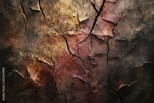 Deeply textured, cracked surface with rich, dark brown and reddish hues, evoking a sense of age and decay.