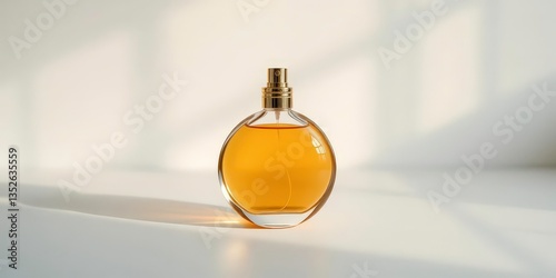 Round perfume bottle, soft light, elegant shadows, minimalist background, light, perfume