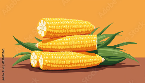 Vibrant grilled corn on the cob stack on brown table, summer harvest