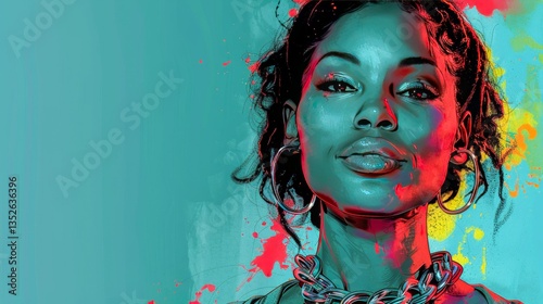 Portrait of woman with chain necklace against turquoise background. Copy space. The digital art style gives the image a unique and vibrant feel. Copy space.
