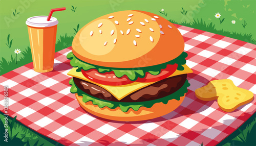 Colorful vector hamburger on picnic blanket, summer delight