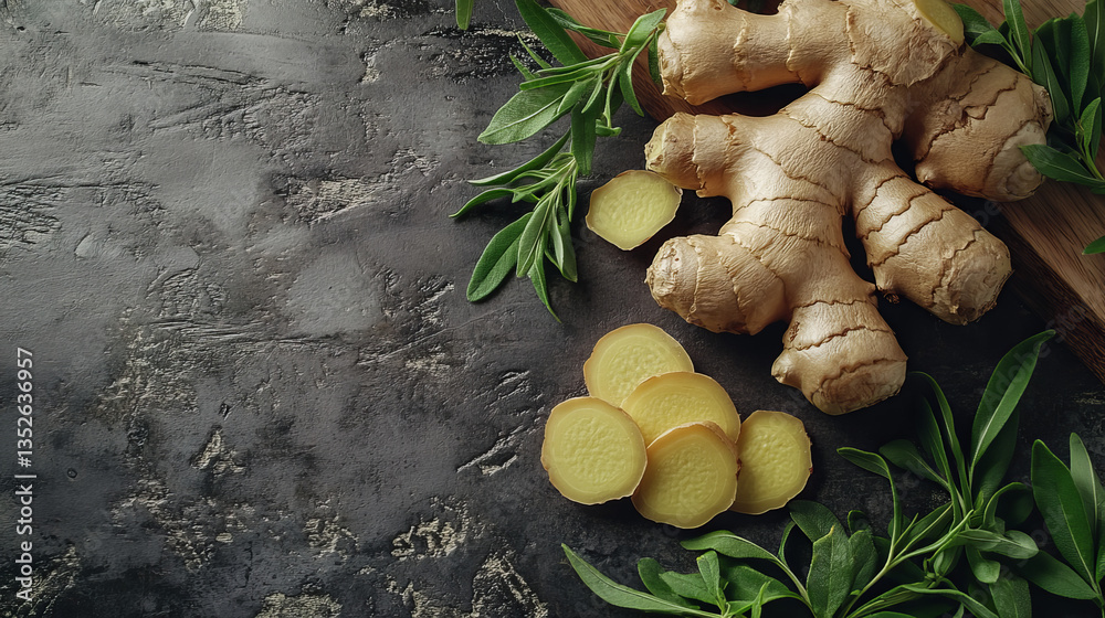 High-resolution image of a fresh ginger root, accompanied by several slices and vibrant green leaves. High-resolution image of a fresh ginger root, accompanied by several slices and vibrant green leaves.