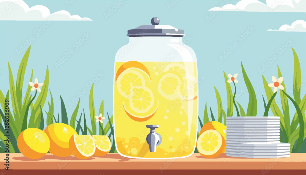Refreshing lemonade dispenser on wooden table with flowers, summer delight