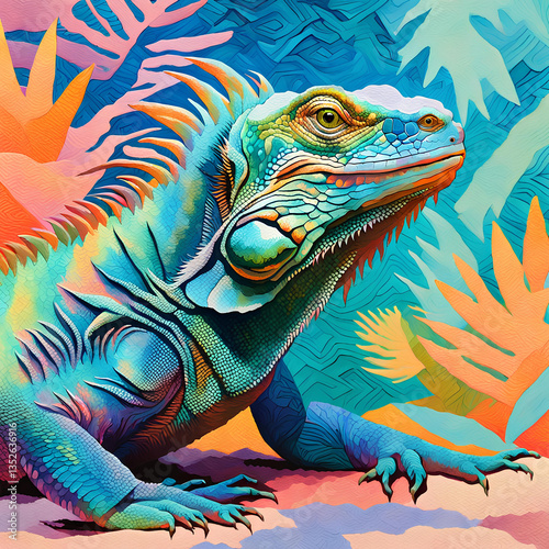 An iridescent iguana in a pastel-colored fractal geometric  tropical background