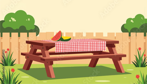 Wooden picnic table with red and white checkered cloth, summer vibes