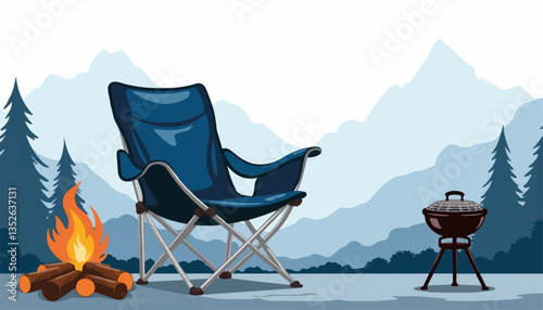 Modern camping chair by flat vector campfire, outdoor relaxation