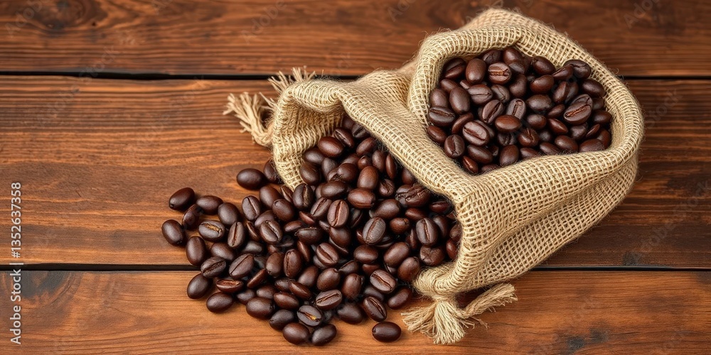Rustic wooden table displays burlap sack overflowing with dark roasted Brazilian coffee beans, cafe, coffee background Rustic wooden table displays burlap sack overflowing with dark roasted Brazilian coffee beans, cafe, coffee background