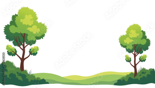Lush green trees in serene landscape, nature tranquility