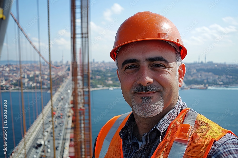 Portrait of a middle-aged male bridge construction worker and architect, wearing safety gear and confidently overseeing the project. The image reflects experience, leadership, and the essential role o