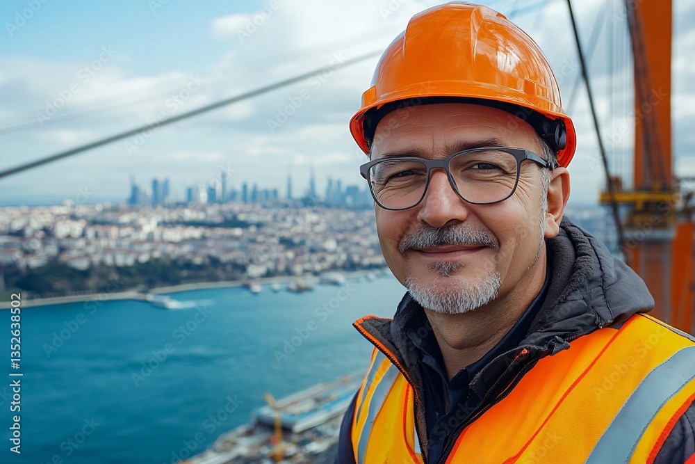 Portrait of a bridge construction worker in safety gear, highlighting strength, dedication, and the human presence behind large-scale infrastructure projects. The image emphasizes the vital role of wo