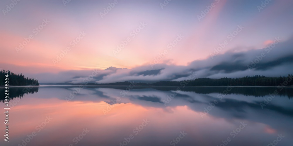 Fototapeta premium Serene dawn mist shrouds mountains reflected in a still, glassy lake, idyllic, sky
