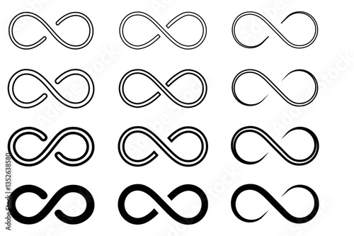Set of six infinity symbols with varied thicknesses and curvature, black and white design