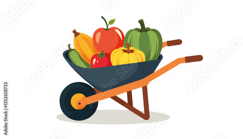 Colorful wheelbarrow filled with fruits and vegetables, healthy lifestyle