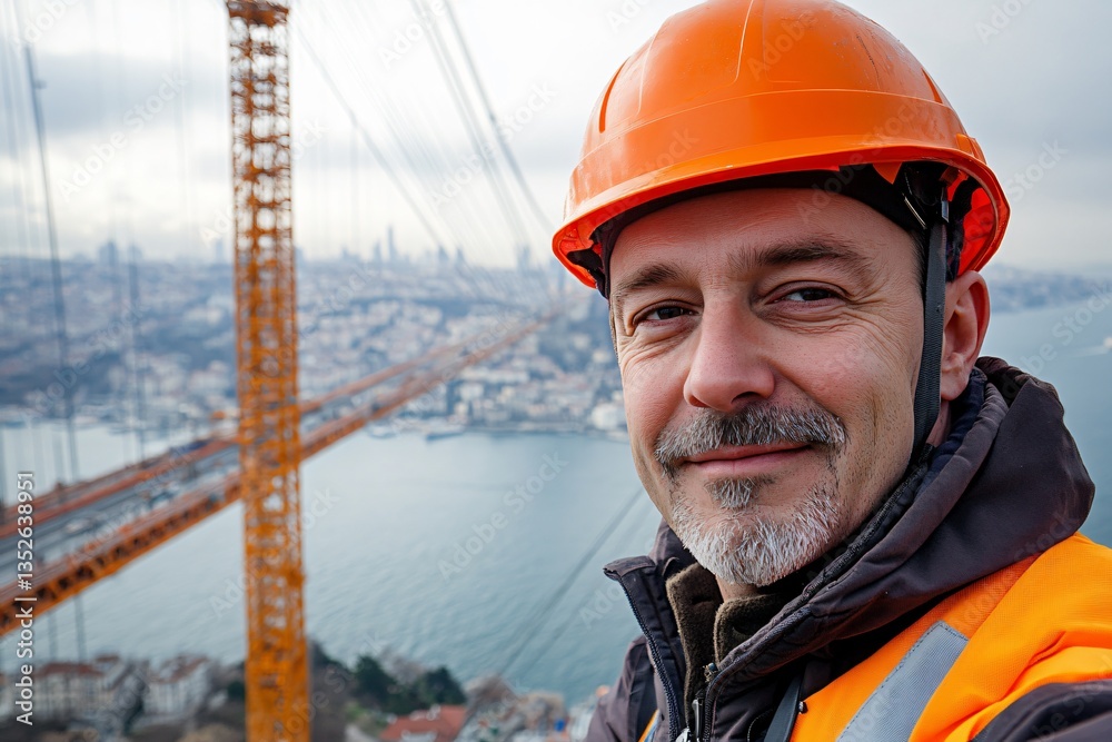 Portrait of a bridge construction worker in safety gear, highlighting strength, dedication, and the human presence behind large-scale infrastructure projects. The image emphasizes the vital role of wo