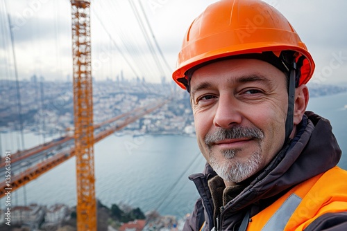 Obraz na płótnie Portrait of a bridge construction worker in safety gear, highlighting strength, dedication, and the human presence behind large-scale infrastructure projects. The image emphasizes the vital role of wo w salonie