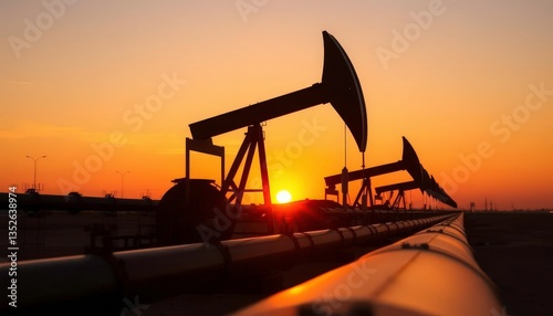 Silhouetted oil and gas pipelines at sunset, industrial landscape, sun, metal