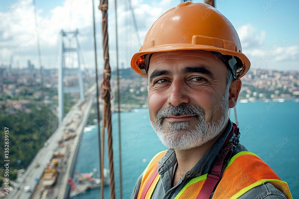 Portrait of a bridge construction worker in safety gear, highlighting strength, dedication, and the human presence behind large-scale infrastructure projects. The image emphasizes the vital role of wo