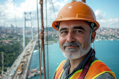 Portrait of a bridge construction worker in safety gear, highlighting strength, dedication, and the human presence behind large-scale infrastructure projects. The image emphasizes the vital role of wo