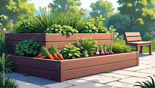 Tiered raised garden bed with vegetables on concrete surface, gardening concept