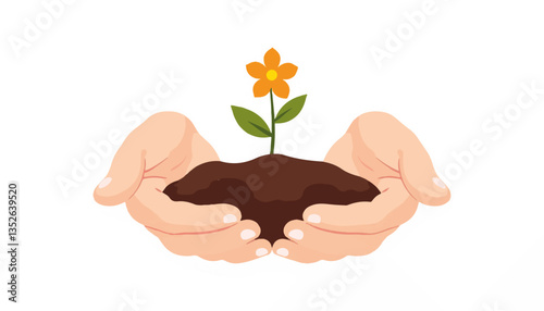 Caring hands holding blooming flower in soil, nurturing growth