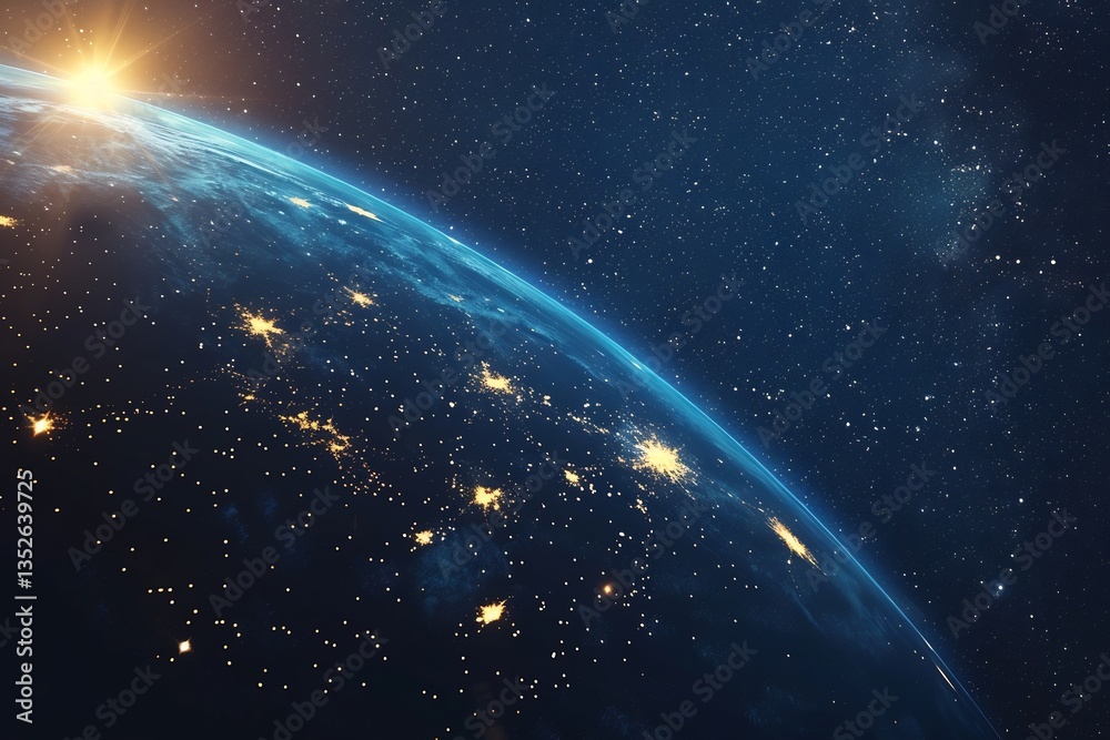 Fototapeta premium deep space with glowing Earth line art and stars scattered subtly, serene