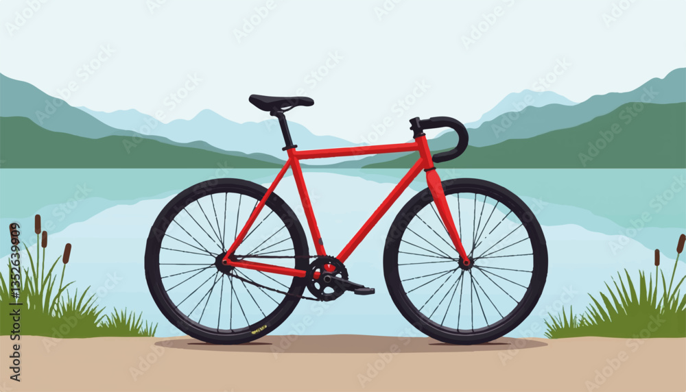 Fototapeta premium Minimalist red bicycle by tranquil lake, vibrant outdoor adventure