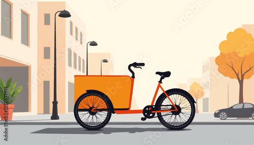 Cheerful cargo bicycle parked on city street, urban transport concept