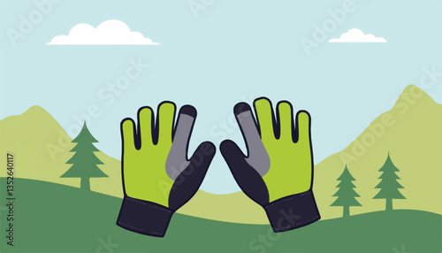 Stylized cycling gloves displayed on mountain backdrop, comfort symbol