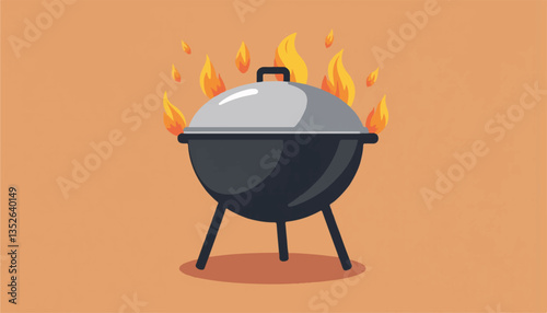 Charcoal grill with flames on a colored background, summer grilling