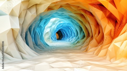 Abstract rendering of a tunnel with various colors and polygon shapes