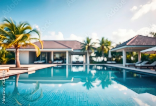 Luxury villa  private pool  palm tree  blurred tropical background  ocean  green