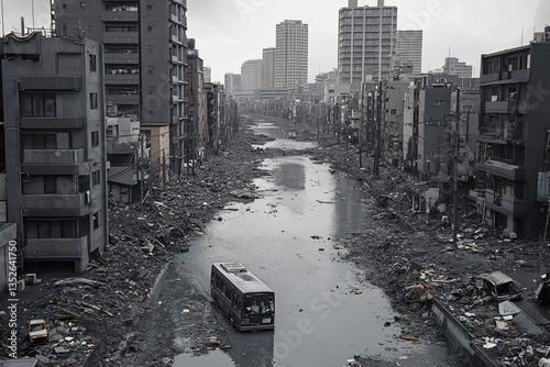 Obraz na płótnie Urban cityscape of Tokyo, Japan, showcasing its modern skyline, high-rise buildings, and vibrant metropolitan atmosphere. The view highlights the dynamic blend of advanced architecture, dense city lay w salonie