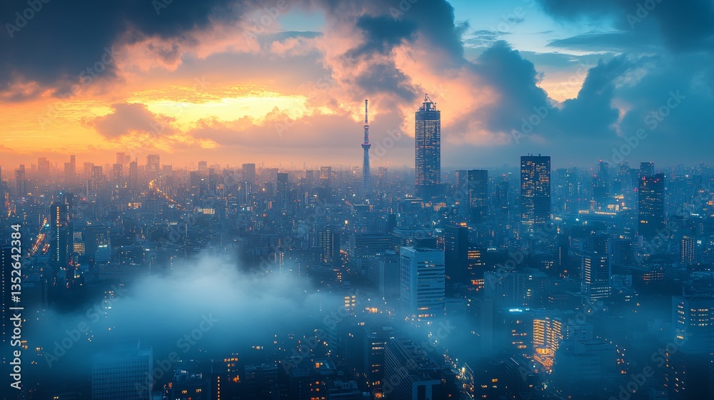 Urban cityscape of Tokyo, Japan, showcasing its modern skyline, high-rise buildings, and vibrant metropolitan atmosphere. The view highlights the dynamic blend of advanced architecture, dense city lay