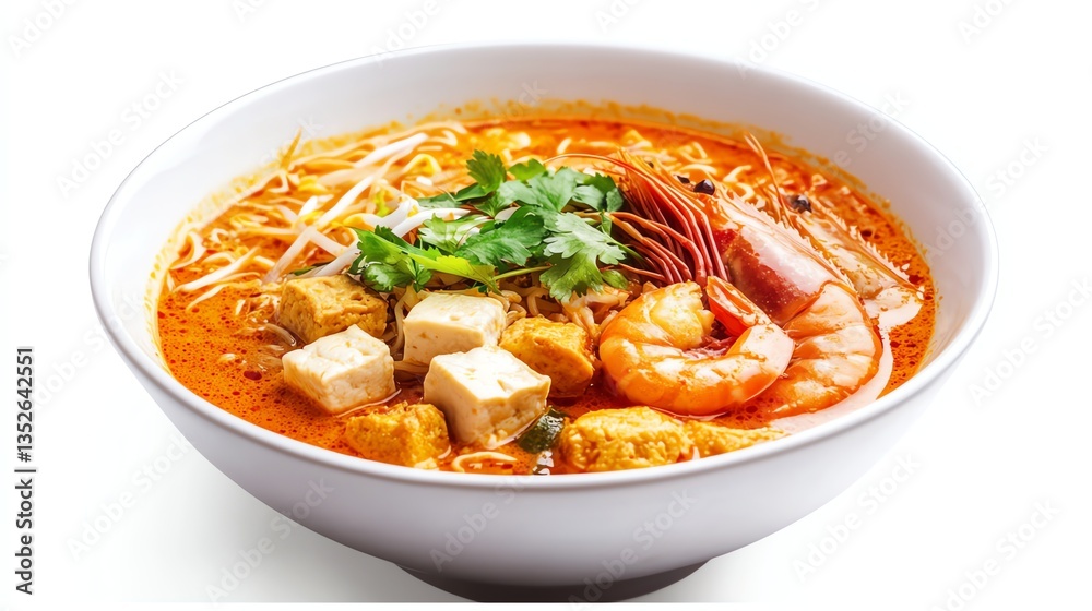 Delicious Laksa Soup with Shrimp and Tofu in a White Bowl Delicious Laksa Soup with Shrimp and Tofu in a White Bowl