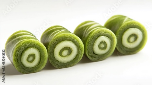 Organic green vegetable roll slices on a plain white background  Healthy raw food nutritious snack or appetizer ingredients with fresh produce and plant based diet concept