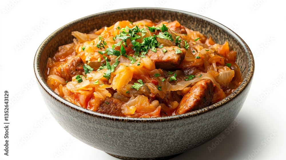 Bigos in Bowl Featuring Cabbage and Sausage Topped with Parsley Bigos in Bowl Featuring Cabbage and Sausage Topped with Parsley