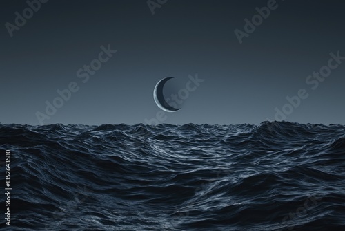 Crescent moon hangs over a dark, restless sea under a brooding sky.
