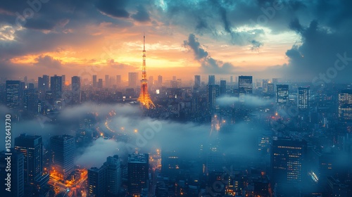 Obraz na płótnie Urban cityscape of Tokyo, Japan, showcasing its modern skyline, high-rise buildings, and vibrant metropolitan atmosphere. The view highlights the dynamic blend of advanced architecture, dense city lay w salonie