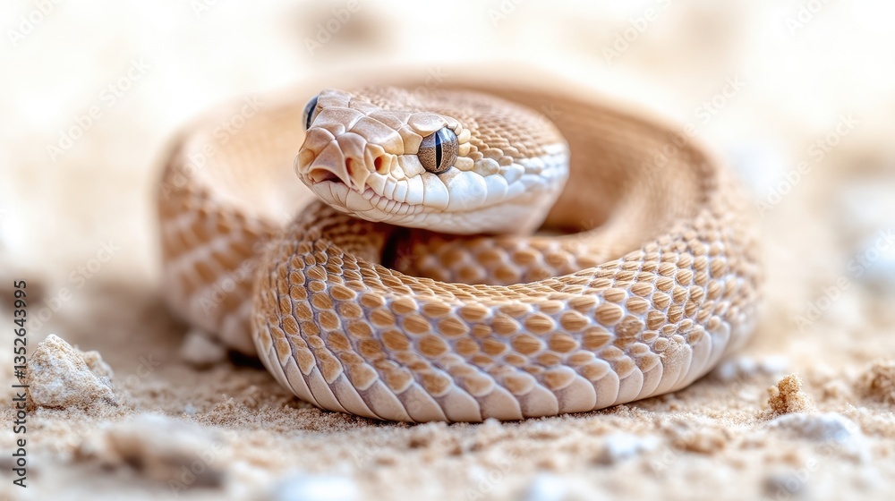 Fototapeta premium Close-up of a light beige snake coiled on sandy terrain