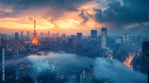 Obraz na płótnie Urban cityscape of Tokyo, Japan, showcasing its modern skyline, high-rise buildings, and vibrant metropolitan atmosphere. The view highlights the dynamic blend of advanced architecture, dense city lay w salonie