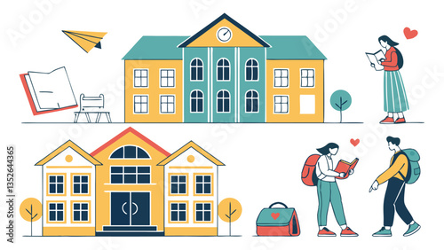 Vector illustration of diverse students walking with books and backpacks in front of a school building, symbolizing education, campus life, student lifestyle, and learning
