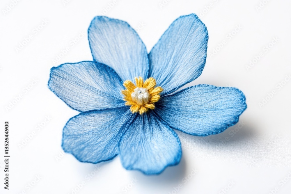 Obraz premium Delicate blue silk flower crafted with meticulous embroidery, showcasing intricate details and vibrant color.