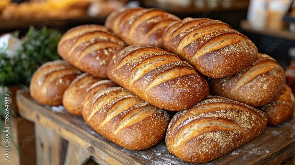 Freshly baked loaves of artisan bread stacked high on a rustic wooden display Freshly baked loaves of artisan bread stacked high on a rustic wooden display