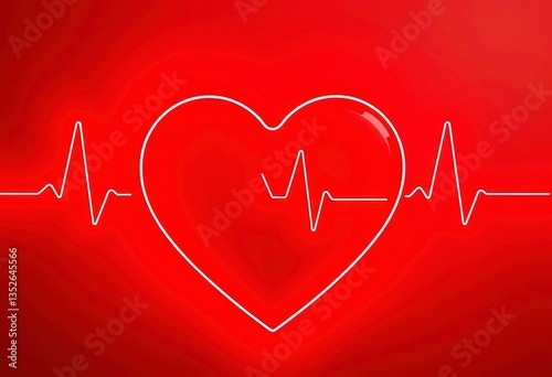 Neon red heart with glowing heartbeat line, digital love symbol, technology, graphic design