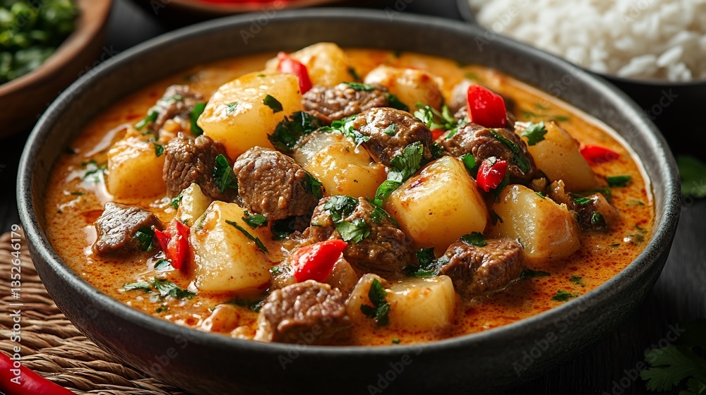 Rich creamy Massaman curry with tender beef and potatoes served with steamed rice Thai curry dish Rich creamy Massaman curry with tender beef and potatoes served with steamed rice Thai curry dish
