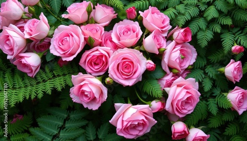Pale pink roses and lush green ferns intertwined, delicate and romantic, beauty, soft photo