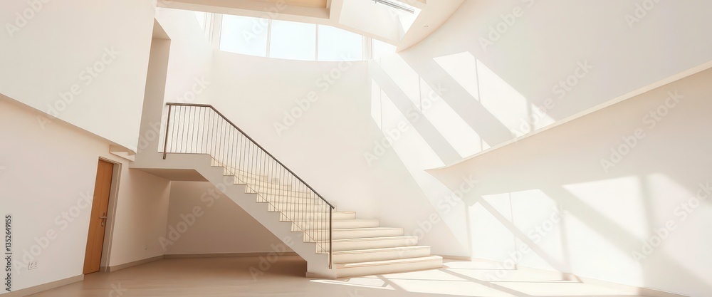 Fototapeta premium Sun-drenched minimalist interior showcasing a sleek, modern staircase, sunlight, sunlit