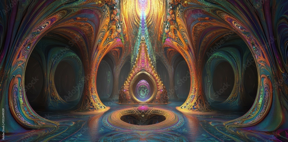 A vibrant and abstract interior of an ornate architectural space A vibrant and abstract interior of an ornate architectural space