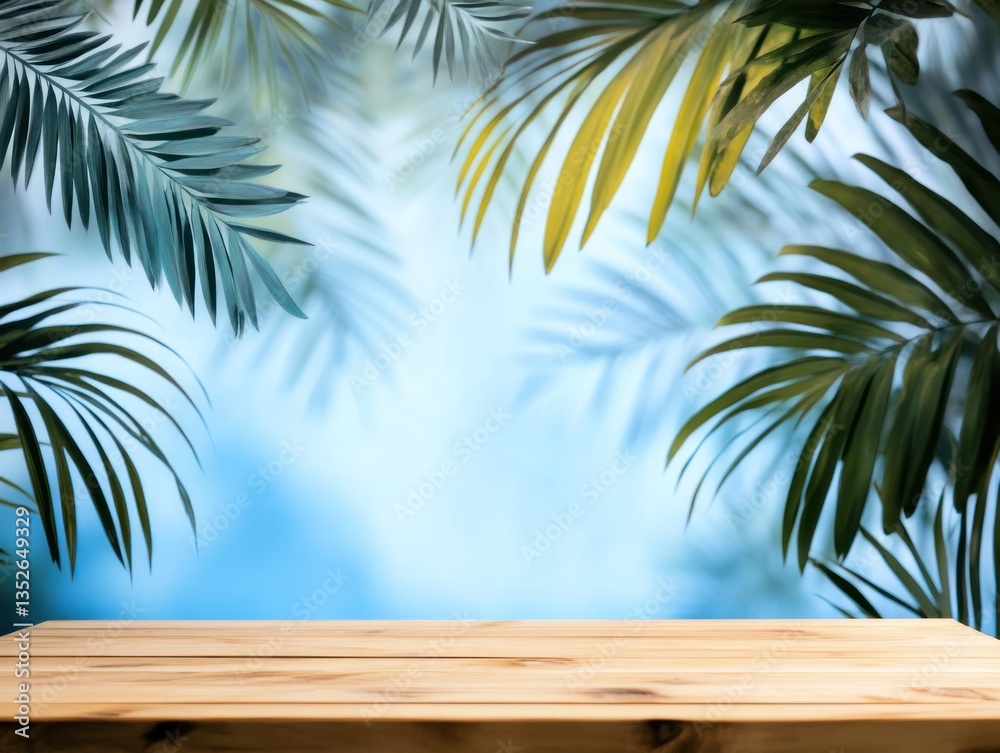 A wooden tabletop set against a blurred background featuring a tropical mural with large, vibrant leaves, a bright blue sky, and a whimsical tree silhouette. The A wooden tabletop set against a blurred background featuring a tropical mural with large, vibrant leaves, a bright blue sky, and a whimsical tree silhouette. The