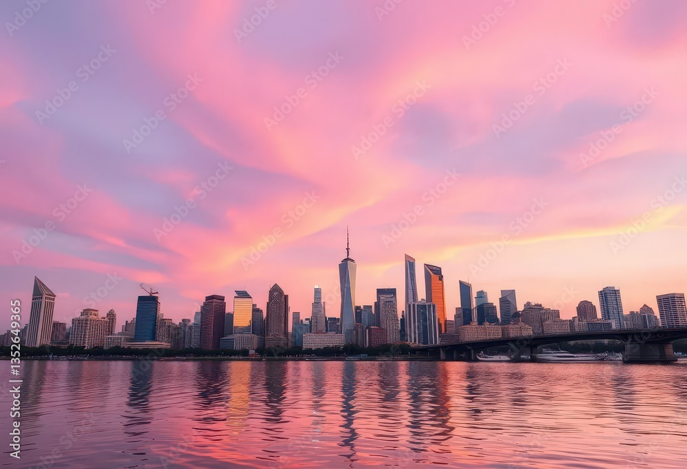 Fototapeta premium Pink hues paint city skyline at sunset, reflecting on tranquil water, serene, romantic